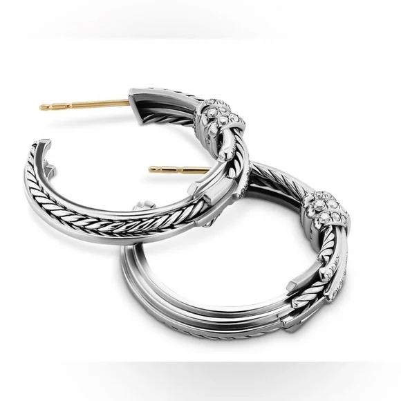 David Yurman Angelika Sterling Silver Hoop Earrings with Pavé - Picture 12 of 13